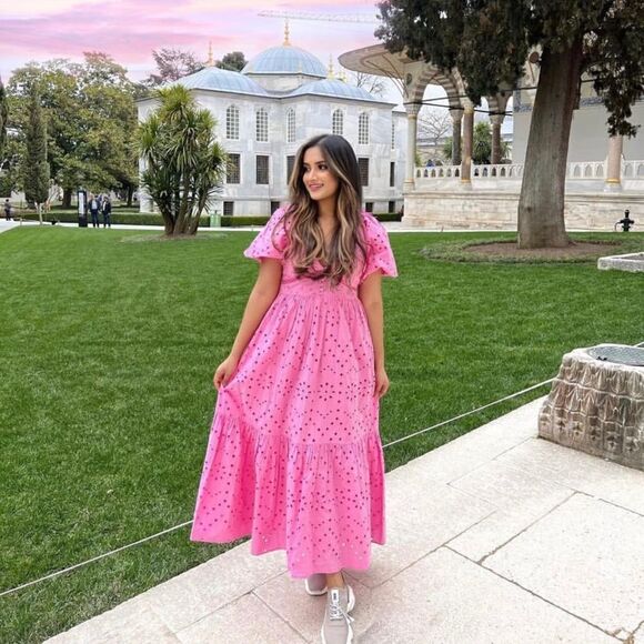 ZARA OPENWORK EMBROIDERED DRESS EYELET PINK NEW Barbiecore Barbie Core - Picture 2 of 7